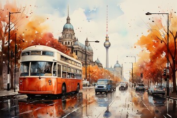 Views of Berlin, Germany drawing in the style of colored pencil and watercolor. in the style of 90s art.
