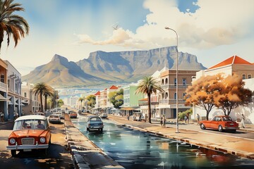 Views of Cape Town, South Africa drawing in the style of colored pencil and watercolor. in the style of 90s art.