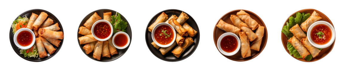 Collection plate of spring rolls with dipping sauce isolated on a transparent background, top view - obrazy, fototapety, plakaty