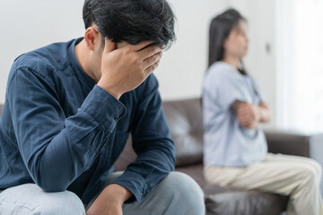 Divorce. Asian couples are desperate and disappointed after marriage. Husband and wife are sad, upset and frustrated after quarrels. distrust, love problems, betrayals. family problem, teenage love