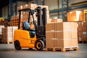 Naklejka premium Forklift loader in storage warehouse ship yard. Distribution products.