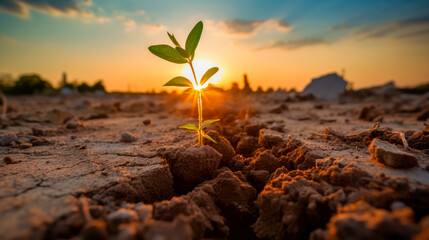 Single bean seedling emerging from cracked dry soil against sunrise. Concept for new beginnings.