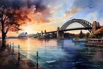 Naklejka premium Views of Sydney, Australia drawing in the style of colored pencil and watercolor. in the style of 90s art.