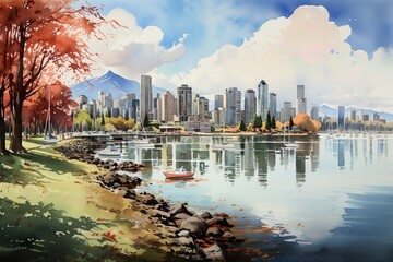 Views of Vancouver, Canada drawing in the style of colored pencil and watercolor. in the style of 90s art. - obrazy, fototapety, plakaty