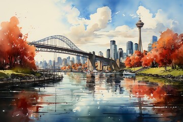 Views of Vancouver, Canada drawing in the style of colored pencil and watercolor. in the style of 90s art. - obrazy, fototapety, plakaty