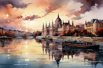 Obraz premium Views of Budapest, Hungary drawing in the style of colored pencil and watercolor. in the style of 90s art.