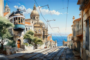 Views of Lisbon, Portugal drawing in the style of colored pencil and watercolor. in the style of 90s art.