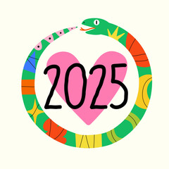 Vector funny New Year 2025 illustration with green tree snake, big pink heart and abstract colored doodle elements. Funny party greeting card design with animal, wall decoration poster