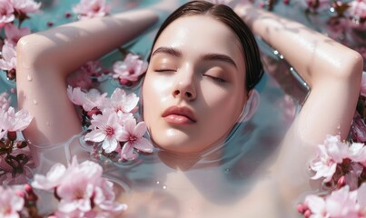 Obraz na płótnie Canvas beauty girl is laying in the water with flowers. portrait of a beautiful young woman relaxing in water surrounded by blossoming. woman relaxes while enjoying blossoms