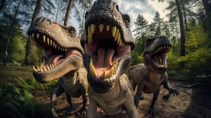 Group of T-rex dinosurus making selfie. 