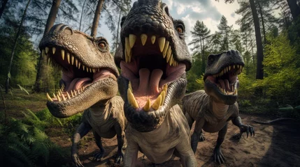 Crédence de cuisine en verre imprimé Dinosaures Group of T-rex dinosurus making selfie. 