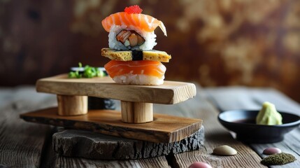 Beautiful harmonious composition of sushi. Balanced Japanese food.