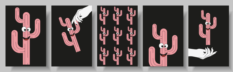 Obraz premium Set postcard design with Cartoon Cactus character in trendy Groovy style. World Cactus Day banner and poster collection. Vector illustration can used web and social media poster and t-shirt print. 