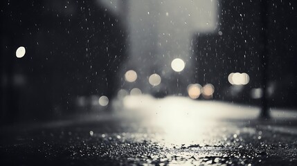 Rainy night, city street lights bokeh. Abstract black and white bokeh lights.