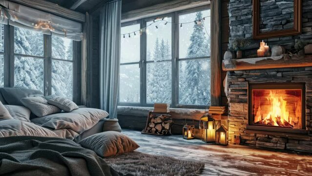 Winter Cabin Interior with Cozy Fireplace, Looped footage