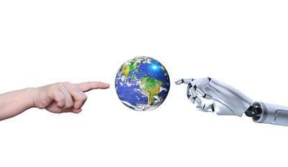 3d render png file of human and robot hand touching earth planet isolated on transparent...