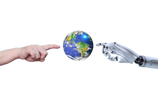3d render png file of human and robot hand touching earth planet isolated on transparent background, Elements of this image furnished by NASA - Powered by Adobe