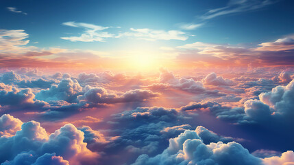 A realistic bird's eye view of the sky with clouds. Beautiful sun rays. Generative AI - obrazy, fototapety, plakaty