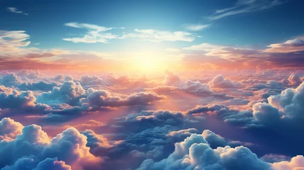 Tuinposter A realistic bird's eye view of the sky with clouds. Beautiful sun rays. Generative AI © kovalovds