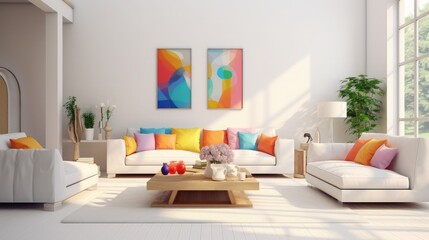 White interior design of living room with colored furniture - 3d illustration