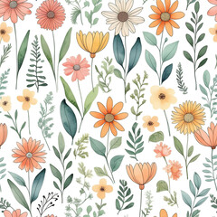 Hand-Drawn Doodle Style Flowers: A Watercolor Pattern On transparent background PNG file