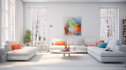 White interior design of living room with colored furniture - 3d illustration