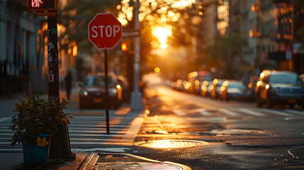 Urban sunset scene with a stop sign and glowing streetlights, casting warm light on an empty city street. - obrazy, fototapety, plakaty
