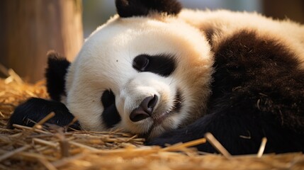 Fototapeta premium a black and white panda bear laying on top of a pile of dry grass with it's eyes closed.
