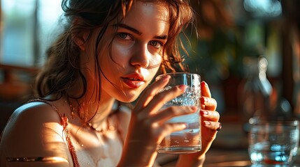 Attractive Wellbeing Girl Drinking Water Morning, Background HD For Designer