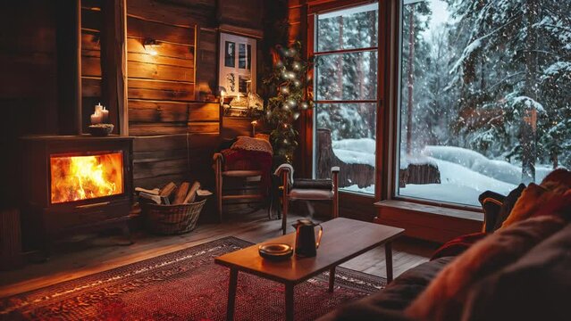Winter Cabin Interior with Cozy Fireplace, Looped footage
