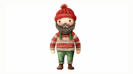 Cute character man watercolor illustration in Christmas style on white background. Red and green colors.