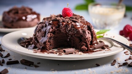  a white plate topped with a chocolate cake covered in chocolate frosting and a single raspberries on top of it.