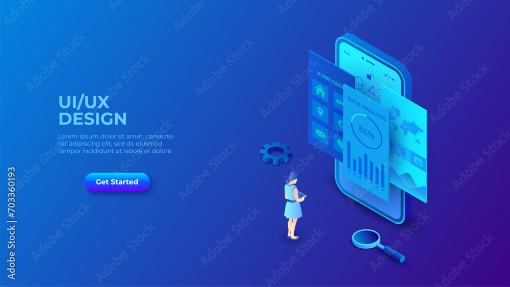 Poster ui ux design concept with smartphone, woman and magnifier. dark isometric vector illustration