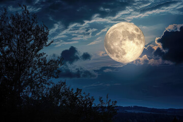 Fototapeta na wymiar Full Moon In The Night Sky, Creating Eerie And Mystical Atmosphere