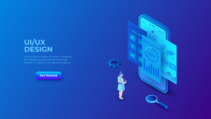 UI UX design concept with smartphone, woman and magnifier. Dark isometric vector illustration