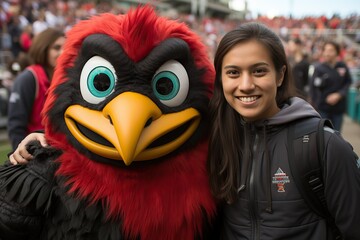 Cheerful young woman with black and red bird mascot at a stadium