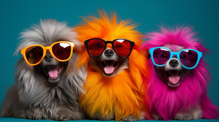 Optiker Brillenmode bei Tieren Marketing Kartenmotiv für Brillengeschäft mit lustigen Tieren die Sonnenbrille tragen Generative AI - obrazy, fototapety, plakaty