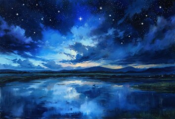 Paintings landscape, night sky and clouds, sky over the lake, stars. Artwork, paint