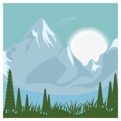 Beautiful landscape of mountains pine trees and moon