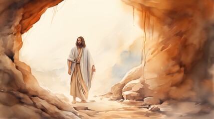 Christ is risen wallpaper. Jesus Christ in empty cave. Easter resurrection wallpaper - obrazy, fototapety, plakaty