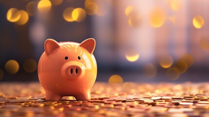 Piggy bank with coin. Realistic piggy bank with flying coins on blur background.