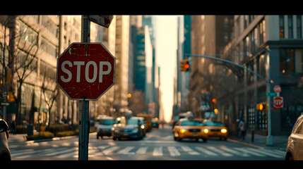 Stop sign at a bustling city intersection with cars and urban architecture during golden hour.