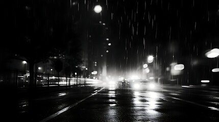 Rainy night, city street lights bokeh. Abstract black and white bokeh lights.