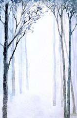Trees in the winter forest. Watercolor landscape