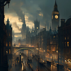 futuristic cityscape infused with Victorian-era steam-powered elements.