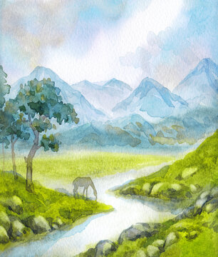 Watercolor landscape. A horse drinks from a mountain stream