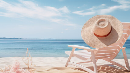 Fototapeta na wymiar a hat hangs on a beach chair against 