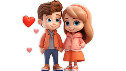 Cartoon couple in love on transparent background. Cartoon characters with heart. Valentines day