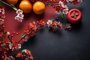 Obraz na płótnie Canvas Lunar new year backdrop plum blossoms flower and mandarin orange symbol of prosperity, Chinese new year background.