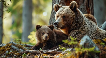 Mother bear and her cub sharing a tender moment in the forest. - obrazy, fototapety, plakaty